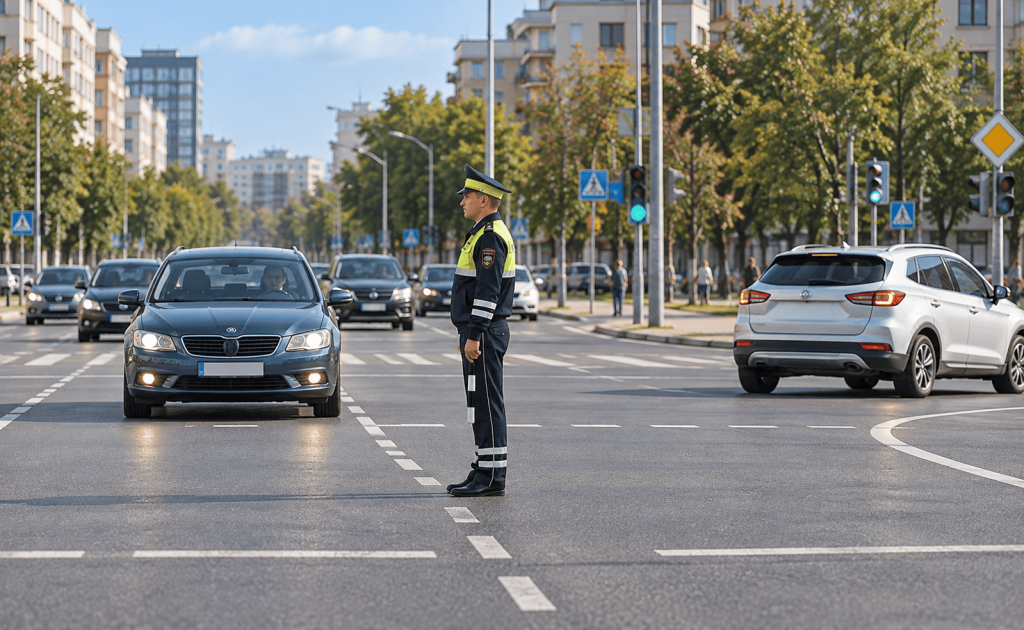 Регулировщик контролирует движение автомобилей на перекрестке